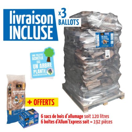 3 Palettes de bois bûche 40 cm et allumage offert