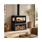 Poêle à bois raccordable 3 vitres avec bûcher – FIREMATIC Calgary – L 13.5 kW