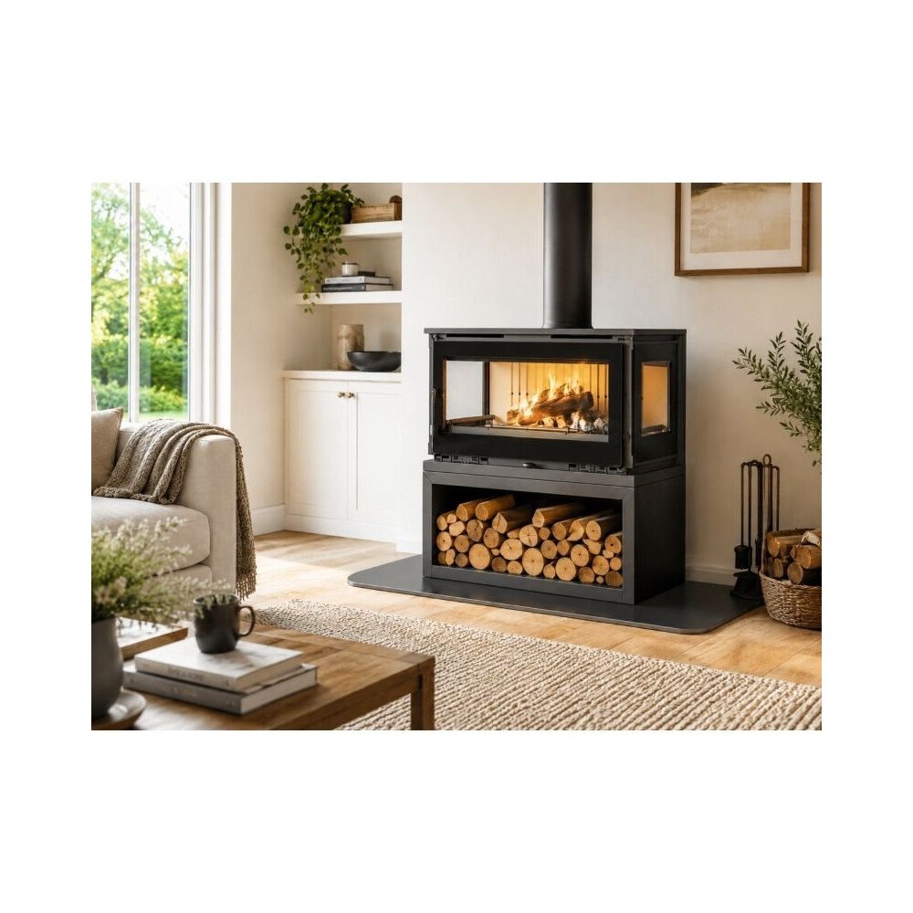 poele-a-bois-raccordable-3-vitres-avec-bucher-firematic-calgary-s-125-kw Poêle à bois raccordable 3 vitres avec bûcher – FIREMATIC Calgary – S 12.5 kW – Image 1